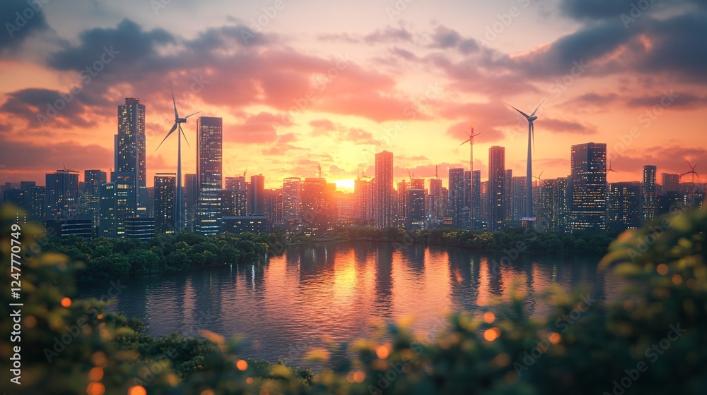 Fototapeta premium Sunset over modern skyline with wind turbines urban landscape nature aesthetics serene view