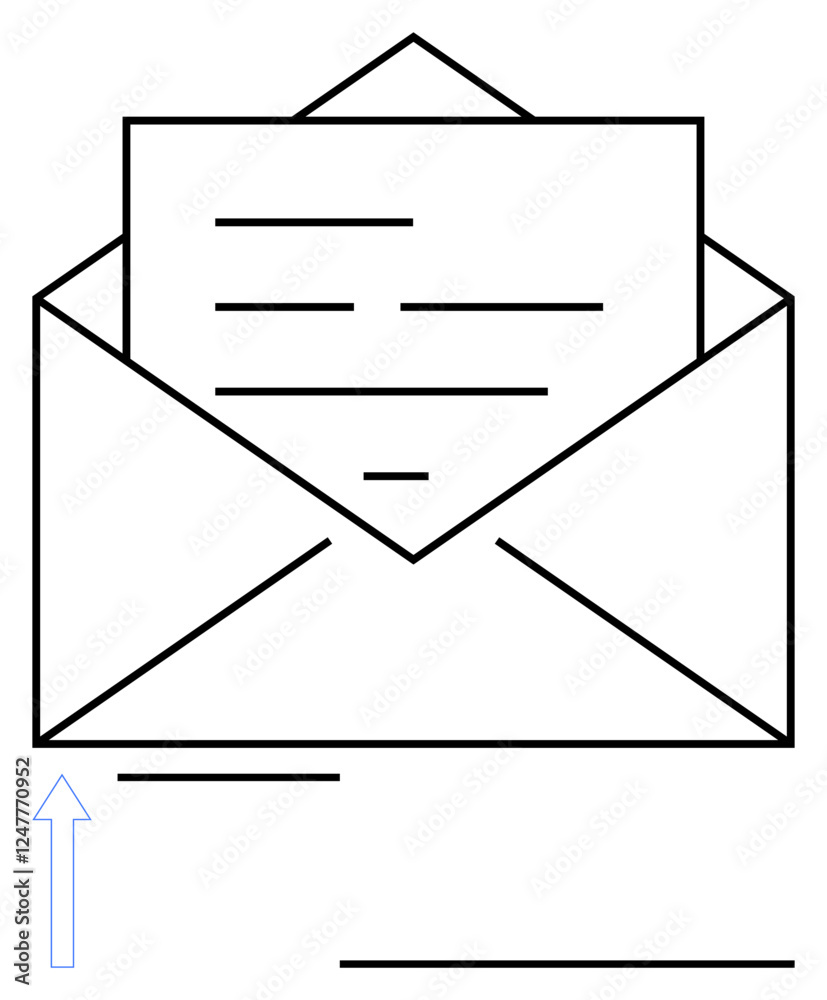 Open envelope holding a document and an upward arrow suggesting email sending, sharing, or communication. Ideal for messaging, communication, mail, business, correspondence, notifications abstract Open envelope holding a document and an upward arrow suggesting email sending, sharing, or communication. Ideal for messaging, communication, mail, business, correspondence, notifications abstract
