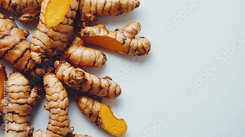 Fresh turmeric roots and slices on white background.