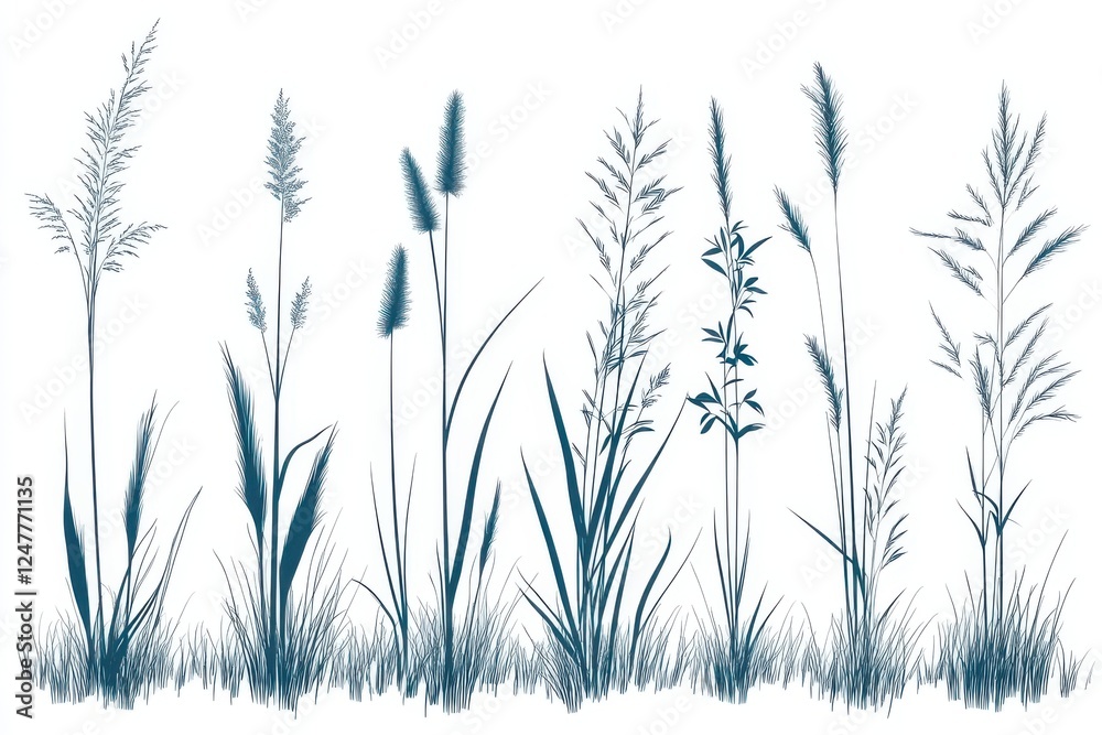 Silhouette grass with spikelet collection. Set of hand drawn beach grass line Silhouette grass with spikelet collection. Set of hand drawn beach grass line