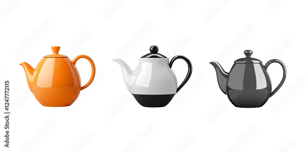 Three Teapots: A trio of stylish teapots in orange, white, and grey hues, showcasing the elegance and versatility of ceramic design. Three Teapots: A trio of stylish teapots in orange, white, and grey hues, showcasing the elegance and versatility of ceramic design.