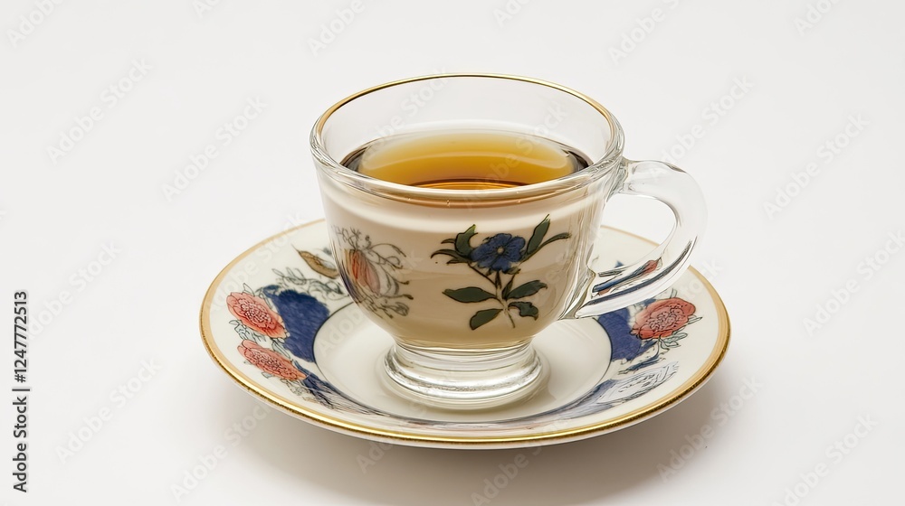 Fototapeta premium A glass teacup with floral design saucer filled with amber tea, on white background.