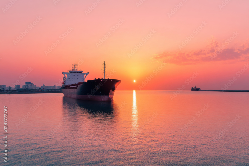 A large ship is docked at a harbor with a beautiful sunset in the background A large ship is docked at a harbor with a beautiful sunset in the background