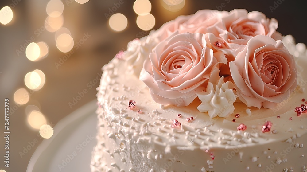 Fototapeta premium Elegant wedding cake decorated with delicate pink roses and sparkling sugar crystals.