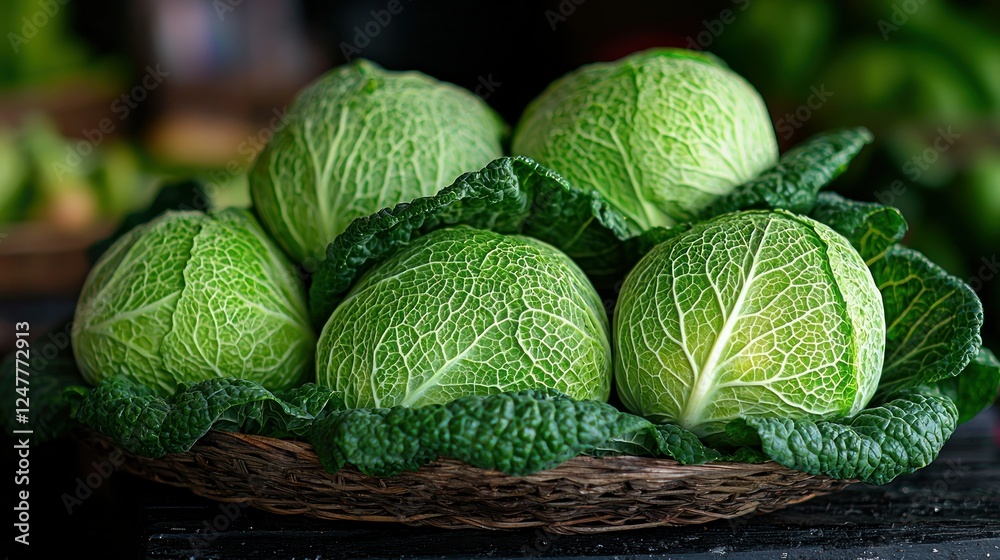 Fototapeta premium Fresh cabbages in a basket at a market