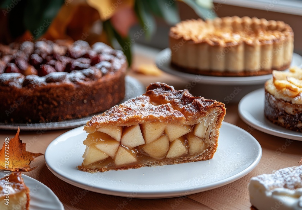 Delicious homemade apple pie slice on a white plate surrounded by various beautifully crafted desserts in a cozy autumn setting Delicious homemade apple pie slice on a white plate surrounded by various beautifully crafted desserts in a cozy autumn setting