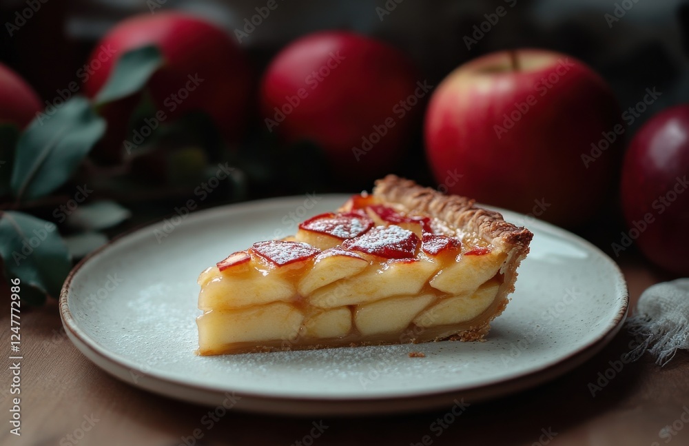 Delicious homemade apple pie slice on a white plate with fresh red apples in the background and subtle decorations ready for a cozy dessert setting Delicious homemade apple pie slice on a white plate with fresh red apples in the background and subtle decorations ready for a cozy dessert setting