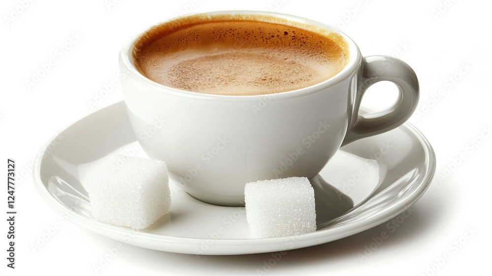 Espresso coffee in white cup and saucer with two sugar cubes on white background. Espresso coffee in white cup and saucer with two sugar cubes on white background.