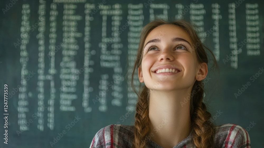 happy teenage girl student looking up at chalkboard happy teenage girl student looking up at chalkboard