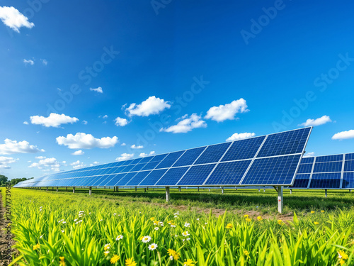 Solar panels generate clean energy in a green field under a blue sky with white clouds