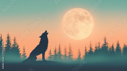 A lone wolf howling at the full moon in a serene forest setting.