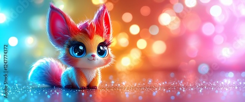 Adorable colorful cartoon fox kit sitting on sparkly surface.