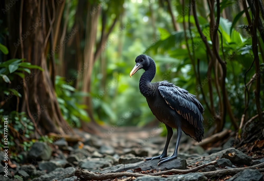 Fototapeta premium Dodo Walking on a Rocky Forest Path Surrounded by Dense Trees