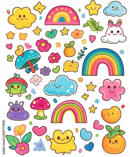 Cute Colorful Stickers with Rainbows, Flowers, and Happy Faces