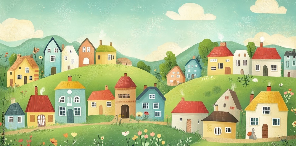 Colorful Houses on Rolling Green Hills Village Scene