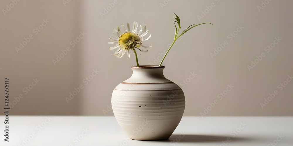 A handcrafted ceramic vase with a single wildflower, positioned on one side of the frame with a blurred, neutral background and breathing space 11 A handcrafted ceramic vase with a single wildflower, positioned on one side of the frame with a blurred, neutral background and breathing space 11