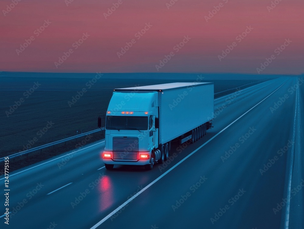 Fototapeta premium A truck driving on an empty road during twilight hours.