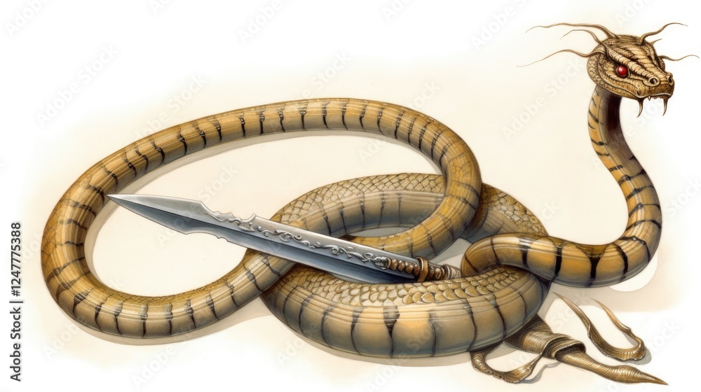 Naklejka premium A large, striped serpent coiled around a long, ornate sword, its head raised, displaying sharp fangs and intense red eyes.