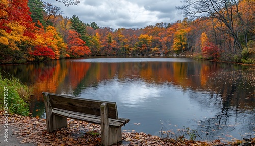 Fototapeta Naklejka Na Ścianę i Meble -  Autumn lake view, park bench, colorful fall foliage, tranquil scene