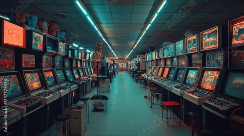 A vibrant arcade filled with vintage gaming machines and neon lights.