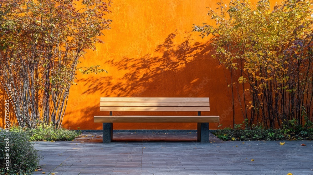 Serene Autumn Bench Against a Vibrant Orange Wall