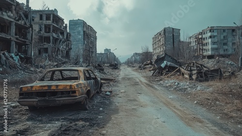 Burned Car in War-torn City Street Landscape
