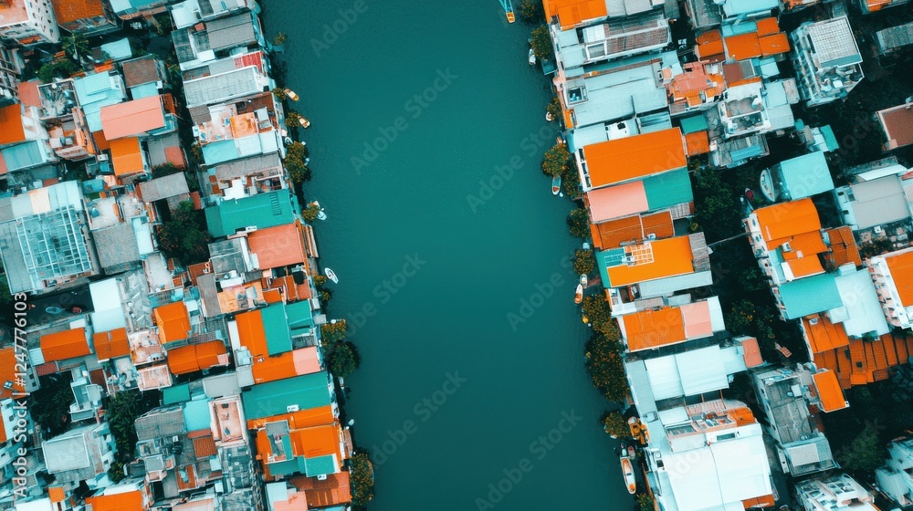 Fototapeta premium Aerial view of colorful rooftops alongside a serene waterway.