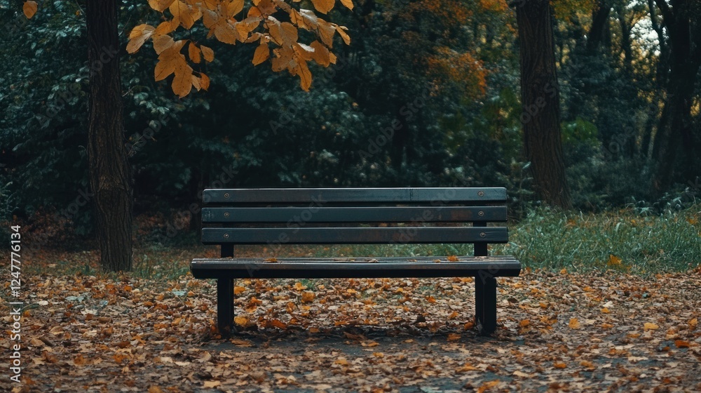 Solitude in Autumn Park: A Serene Bench Amidst Fallen Leaves Solitude in Autumn Park: A Serene Bench Amidst Fallen Leaves