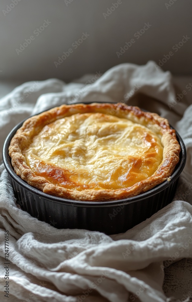 Delicious homemade pie with golden crust resting on soft fabric, inviting dessert for gatherings, featuring creamy filling and perfect texture Delicious homemade pie with golden crust resting on soft fabric, inviting dessert for gatherings, featuring creamy filling and perfect texture