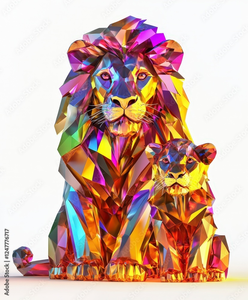 Fototapeta premium Colorful Crystal Lion and Cub Sculpture in Vibrant Geometric Design