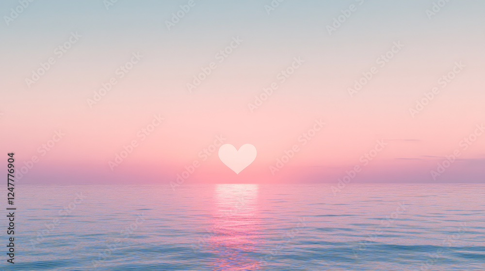 Pink sunset over calm ocean waters, a heart-shaped sun creates a serene and romantic atmosphere. Pink sunset over calm ocean waters, a heart-shaped sun creates a serene and romantic atmosphere.
