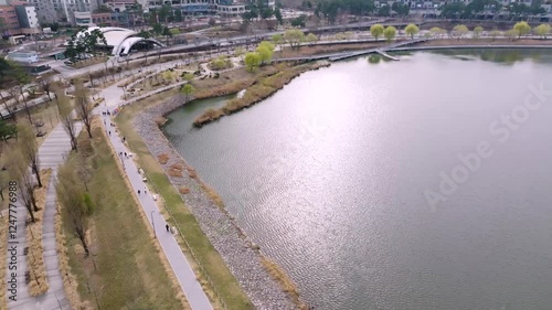 Suwon Gwanggyo Lake Park City walking path in spring drone 05