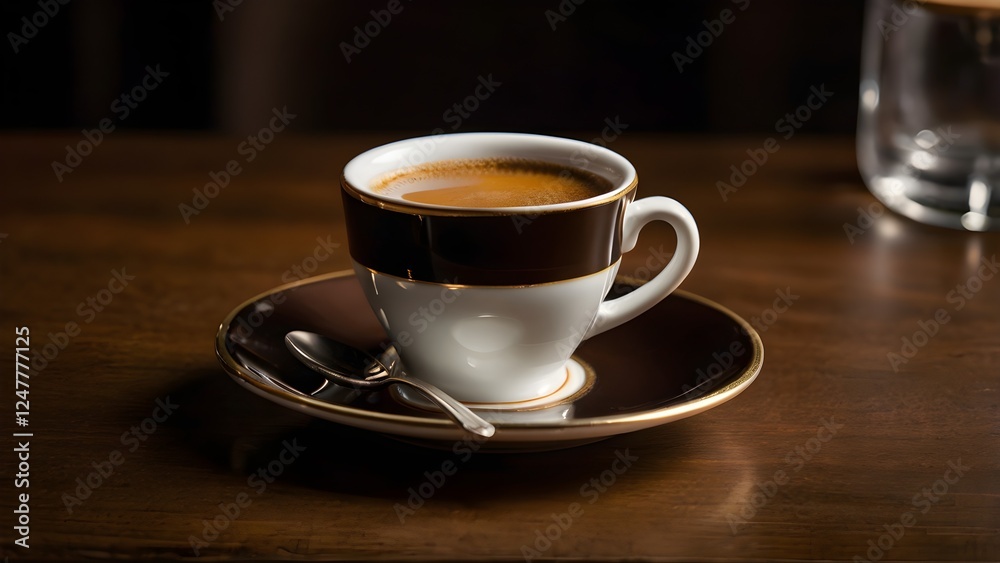 Rich Dark Espresso with Golden Crema in Porcelain Cup Elegant Cafe Atmosphere