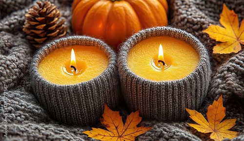 Indulge in the comfort of autumn at home! A patchy blanket, pumpkin, candles, maple leaves, and odorous badian on brown make for a cozy setting for text or advert placement.