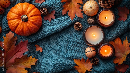 Indulge in the comfort of autumn at home! A patchy blanket, pumpkin, candles, maple leaves, and odorous badian on brown make for a cozy setting for text or advert placement.