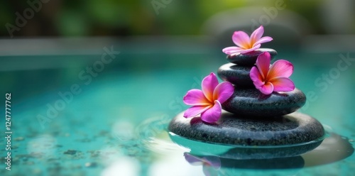 Fruited stones with purple frangipani, set in a serene bath tub, calming ambiance, frangipani, nature inspired