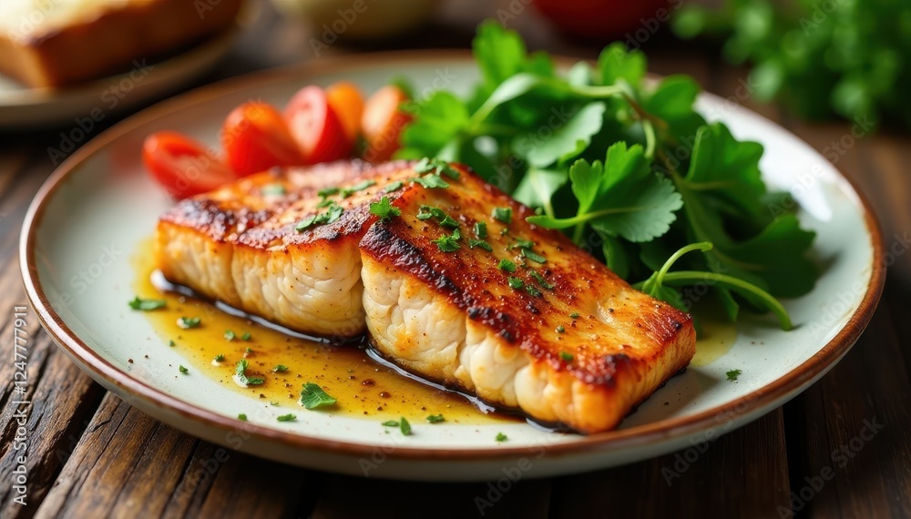 Golden brown fried salmon steak served on a rustic wooden table with roasted root vegetables and a side of steaming greens , steak, vegetables, plate