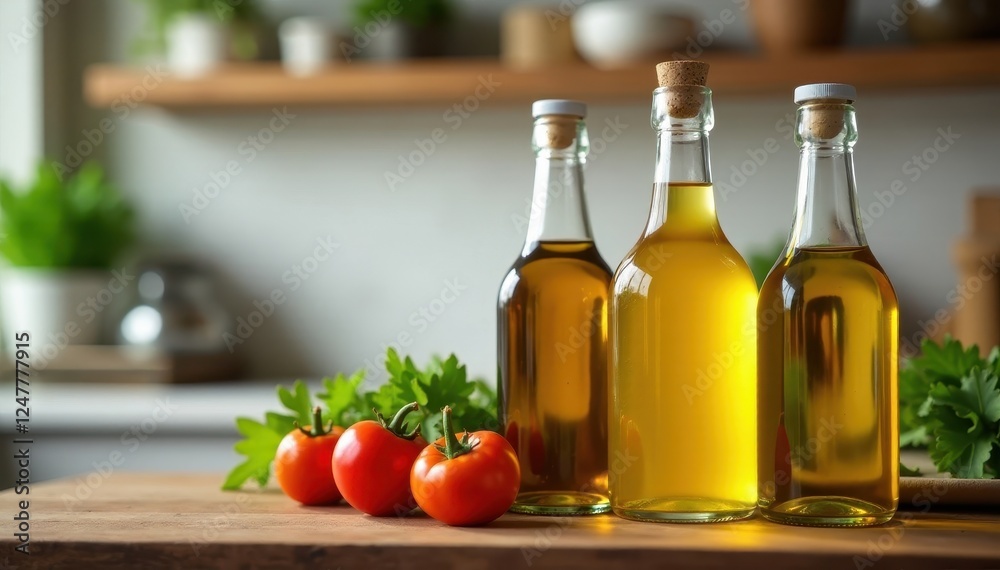 Glass bottles with various vegetable oils in a kitchen counter , cooking supplies, kitchen essentials, bottle Glass bottles with various vegetable oils in a kitchen counter , cooking supplies, kitchen essentials, bottle