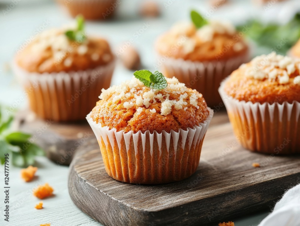 Delicious and fresh muffins topped with nuts and mint leaves. Delicious and fresh muffins topped with nuts and mint leaves.