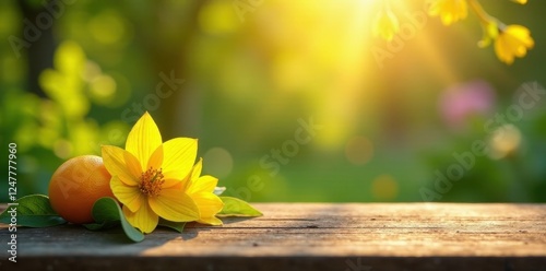 Golden M?rzenbecher on wooden table in spring garden with sunlight filtering through leaves, glass, sunlight, outdoors photo