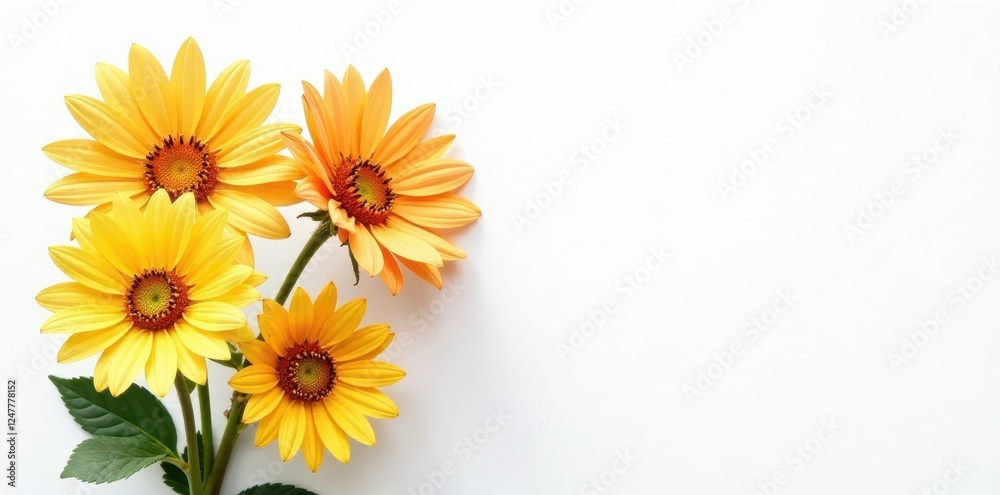 Obraz premium Helianthus annuus blooms on white background with delicate petals and prominent center, outdoor, nature, sunlight