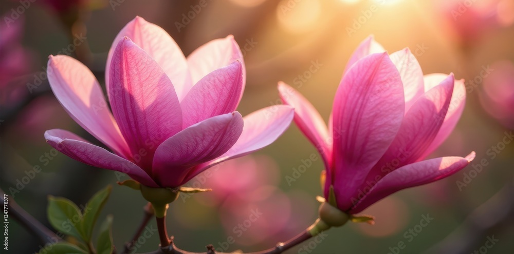 Large pink magnolia flowers unfolding in the sunlight, flowers, garden, bloom Large pink magnolia flowers unfolding in the sunlight, flowers, garden, bloom