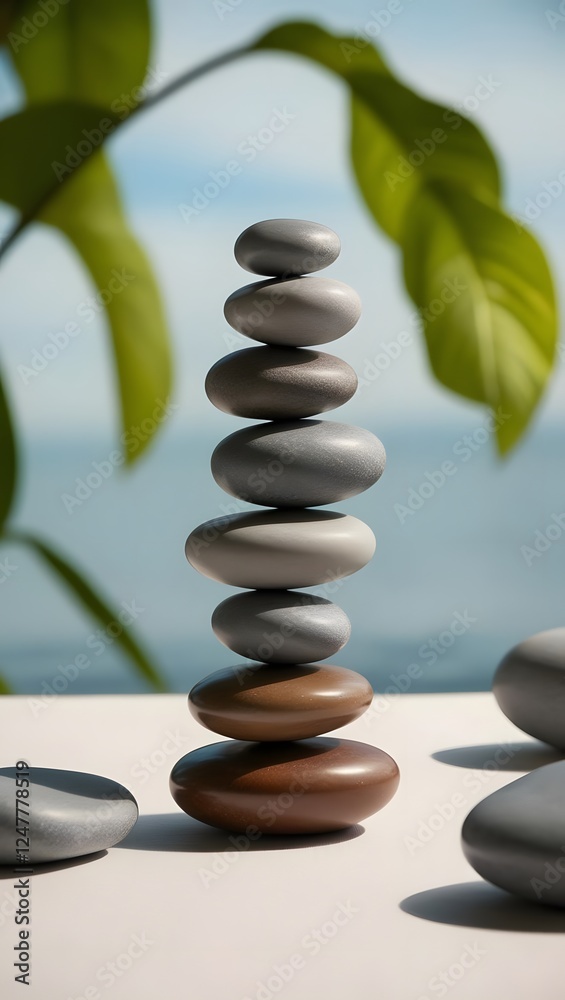 A stack of smooth river stones balanced on top of each other, with a serene, blurred natural background and breathing space A stack of smooth river stones balanced on top of each other, with a serene, blurred natural background and breathing space