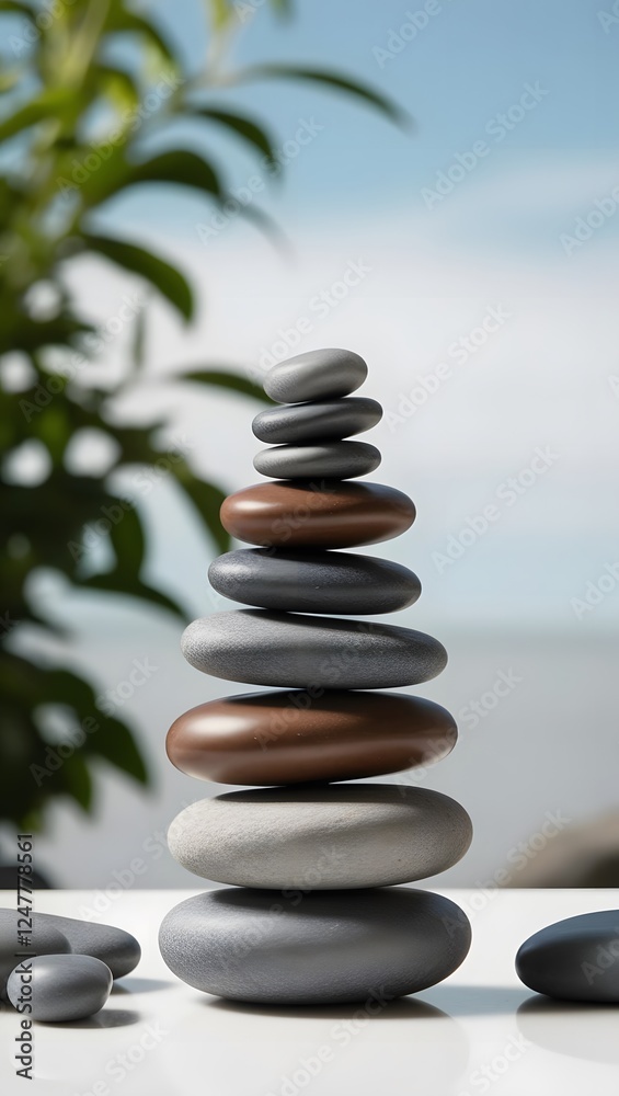 A stack of smooth river stones balanced on top of each other, with a serene, blurred natural background and breathing space 2 A stack of smooth river stones balanced on top of each other, with a serene, blurred natural background and breathing space 2
