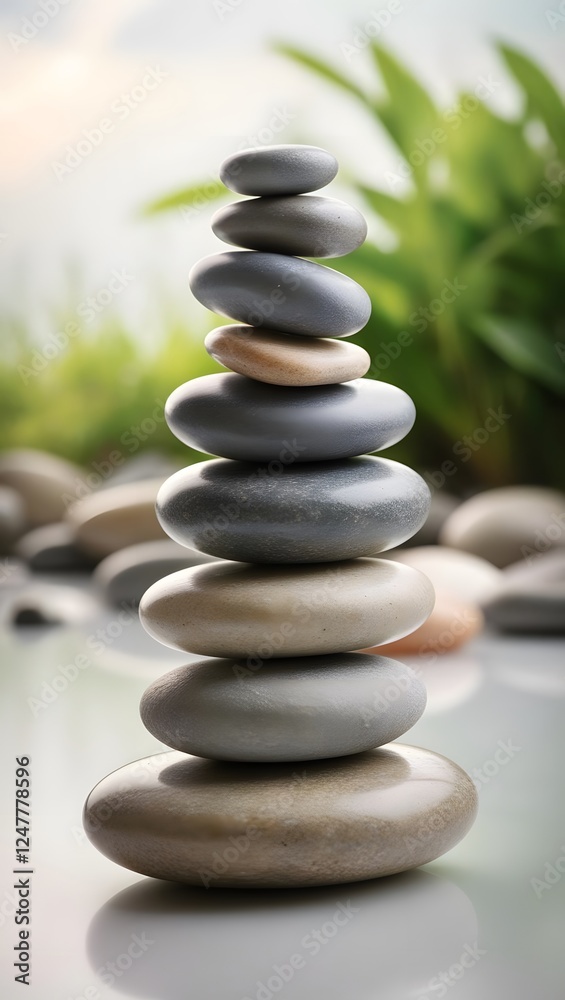 A stack of smooth river stones balanced on top of each other, with a serene, blurred natural background and breathing space   5