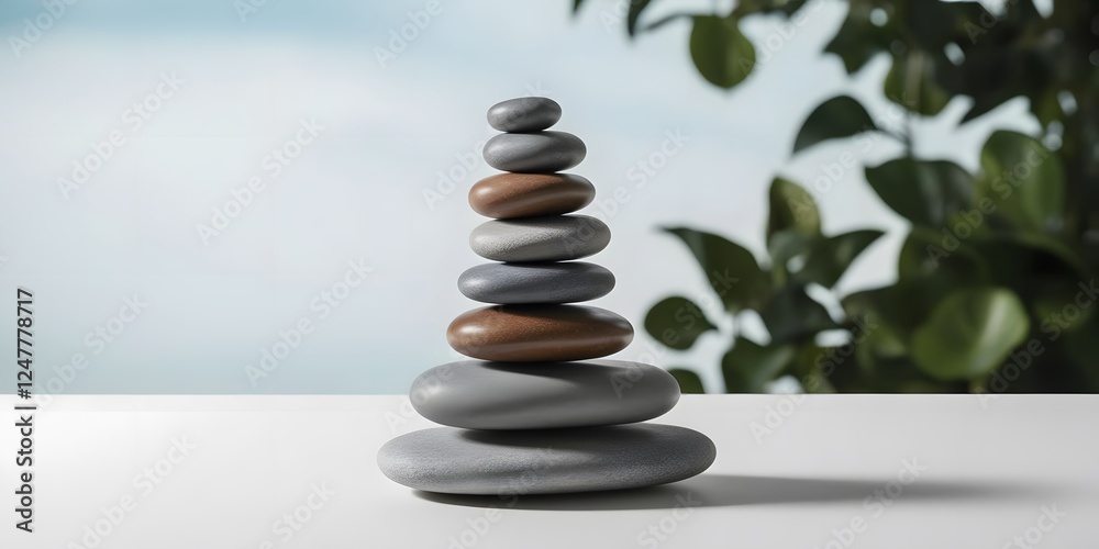 A stack of smooth river stones balanced on top of each other, with a serene, blurred natural background and breathing space 10 A stack of smooth river stones balanced on top of each other, with a serene, blurred natural background and breathing space 10