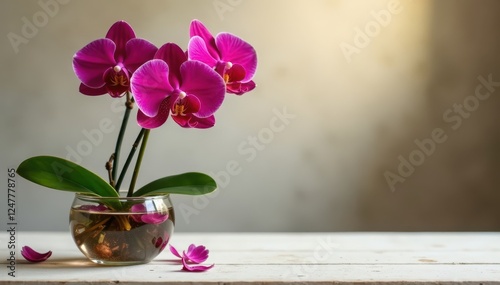 Orqu?dea roja con flores en el fondo de un vaso con agua , rosa, jard?n, naturaleza photo