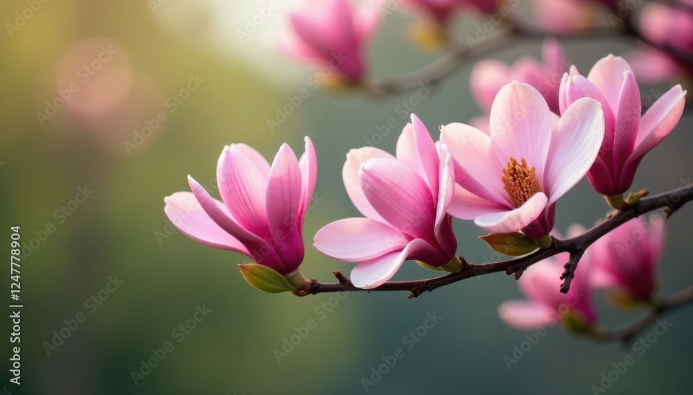 Pink spring magnolia flowers stretching from a sturdy branch with green foliage, flowering tree, garden images , nature photography Pink spring magnolia flowers stretching from a sturdy branch with green foliage, flowering tree, garden images , nature photography