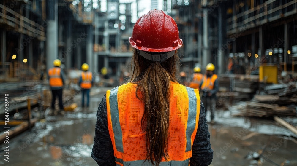 Construction site action woman in safety gear urban environment Construction site action woman in safety gear urban environment