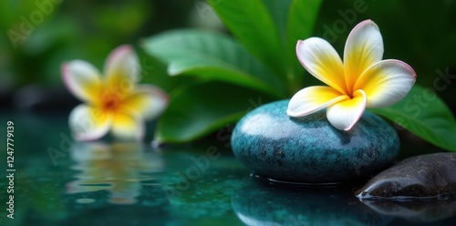 Soothing blue spa stone nestled among lush green frangipani flowers , wellness, peaceful, water